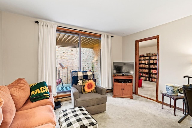 living room with light carpet and a baseboard radiator