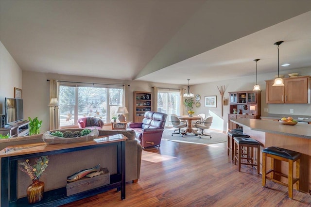 living room featuring hardwood / wood-style flooring and vaulted ceiling