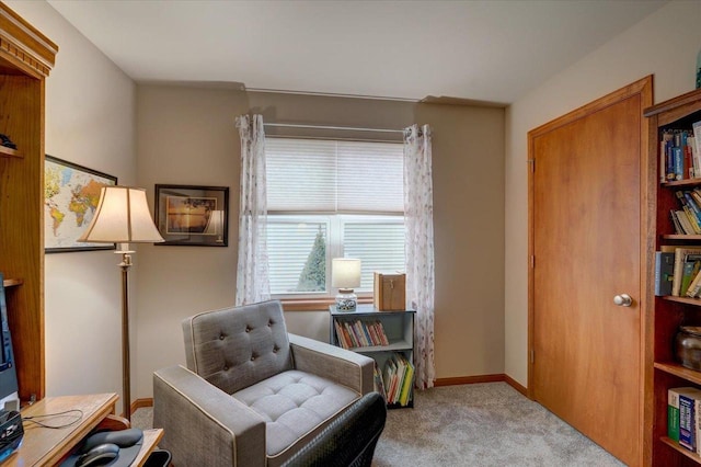 living area featuring light carpet