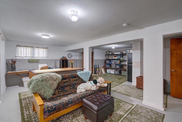 living room featuring a textured ceiling