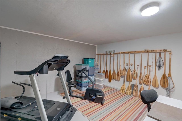 exercise area with carpet floors and a textured ceiling