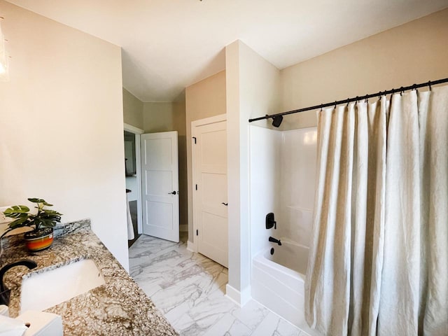 bathroom with vanity and shower / bathtub combination with curtain