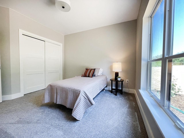 bedroom with carpet flooring and a closet