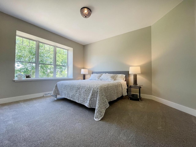 bedroom with dark carpet