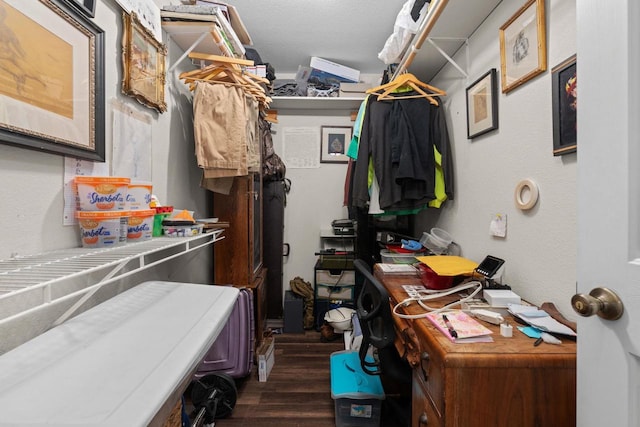 spacious closet featuring dark hardwood / wood-style flooring