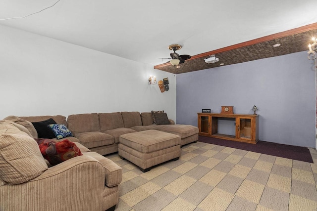 living room with ceiling fan and carpet flooring