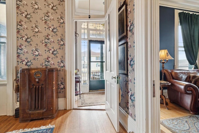 126 E Washington St, Stoughton, WI 53589 - foyer with wallpapered walls, light wood-style floors, healthy amount of natural light, and ornamental molding