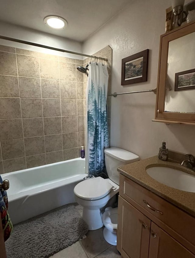 full bathroom with tile patterned flooring, vanity, shower / tub combo with curtain, and toilet