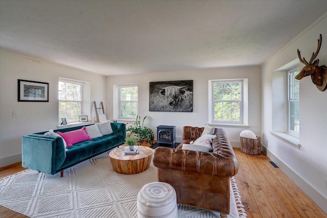 living room featuring light hardwood / wood-style flooring, plenty of natural light, and a wood stove