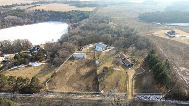 bird's eye view with a water view and a rural view