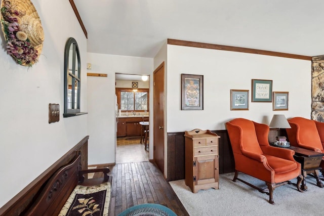 sitting room with hardwood / wood-style floors and sink