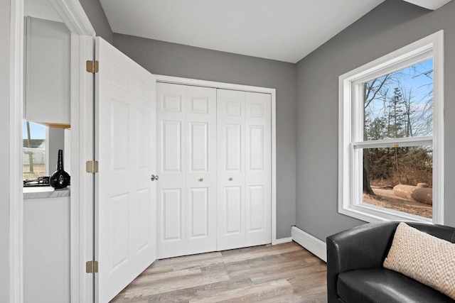 living area with light hardwood / wood-style flooring, plenty of natural light, and a baseboard radiator