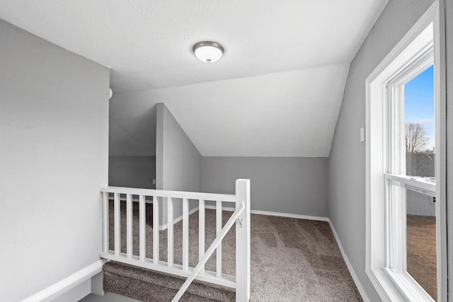 interior space featuring lofted ceiling and carpet flooring