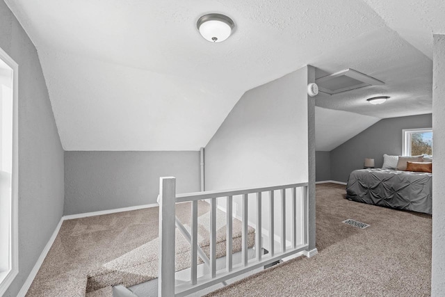 interior space with lofted ceiling, carpet floors, and a textured ceiling