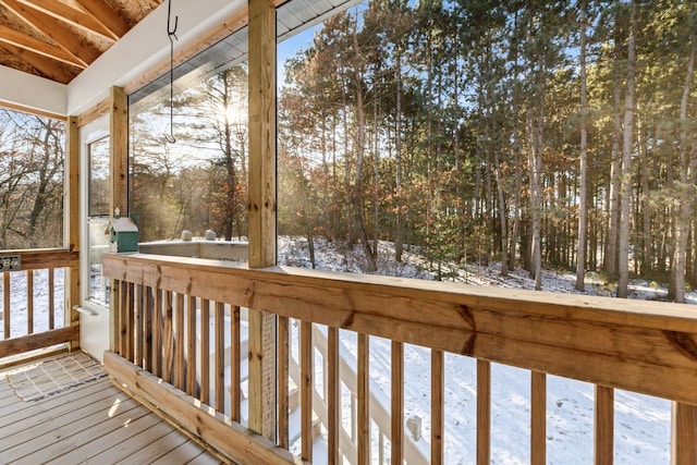 view of snow covered deck