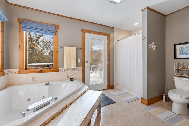 bathroom featuring tile patterned flooring, ornamental molding, separate shower and tub, and toilet