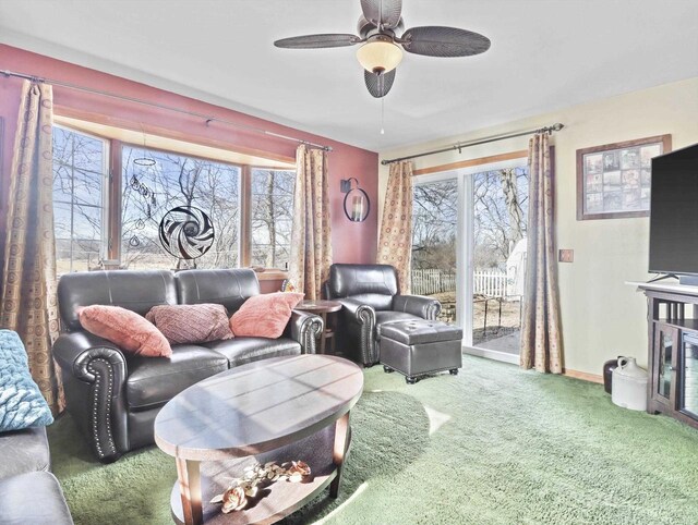 living room with ceiling fan, a healthy amount of sunlight, and carpet flooring