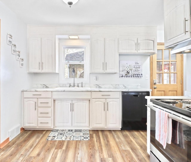 kitchen featuring sink, light wood-type flooring, black dishwasher, stainless steel electric stove, and white cabinets