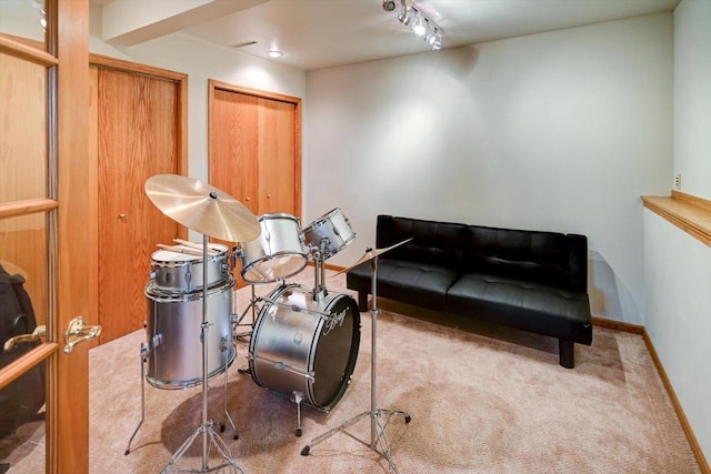 interior space featuring carpet floors and rail lighting