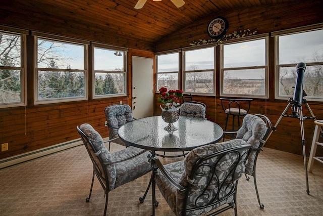 sunroom featuring baseboard heating, ceiling fan, vaulted ceiling, and wooden ceiling