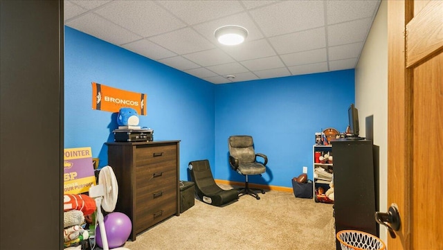 game room with a drop ceiling and carpet floors