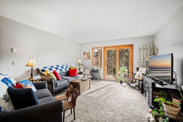 carpeted living room with a wood stove