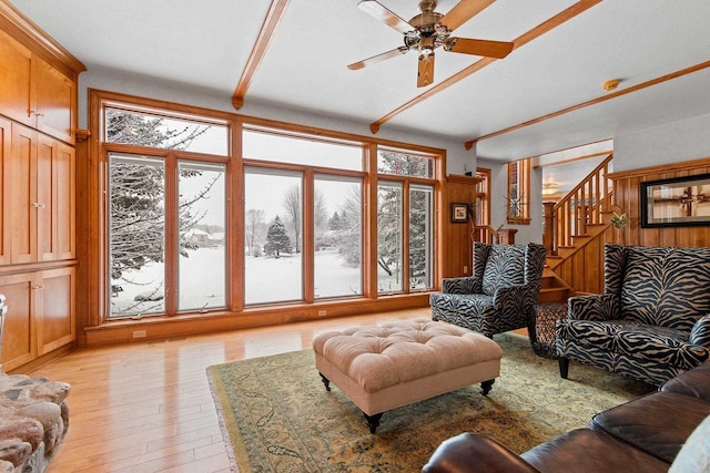 2532 Huntington Way, Suamico, WI 54173 - living room with ceiling fan, light wood-style floors, and stairway