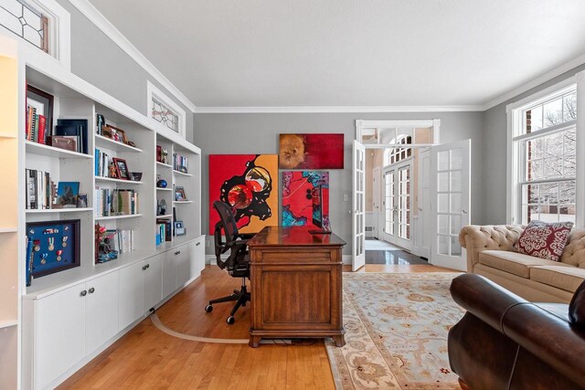 2532 Huntington Way, Suamico, WI 54173 - office space with light wood-style flooring, french doors, built in features, and crown molding