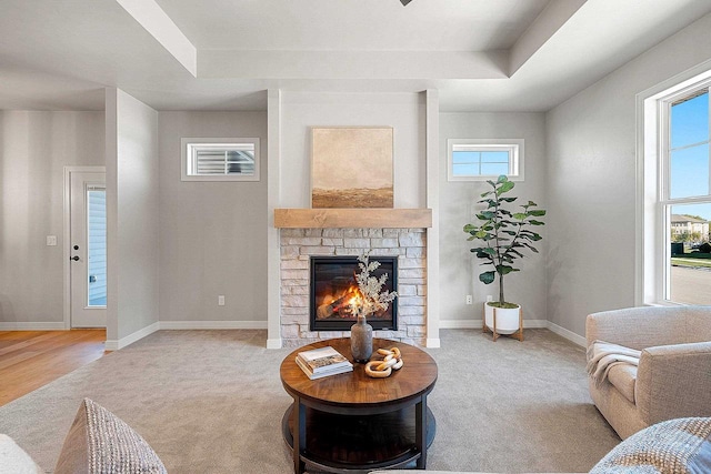 carpeted living room with a healthy amount of sunlight, a tray ceiling, and a fireplace