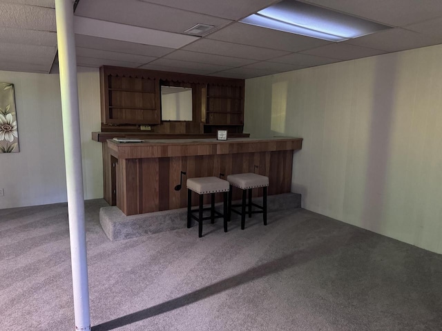 bar with carpet and a paneled ceiling