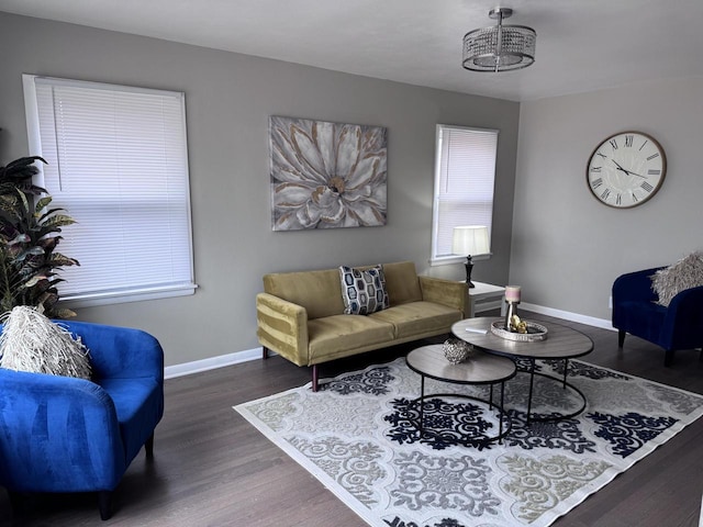 living room with dark hardwood / wood-style floors