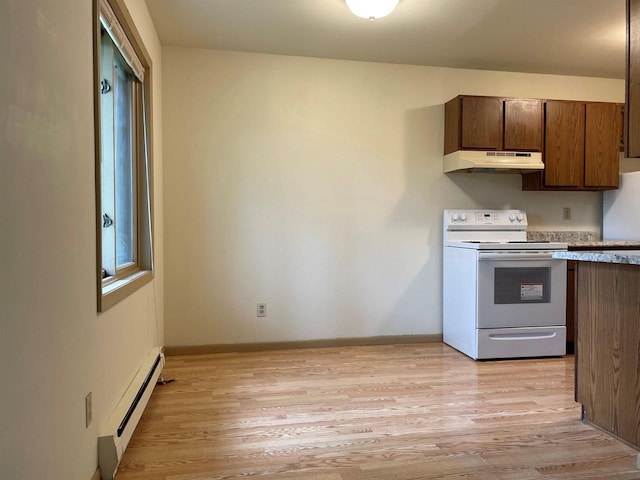 kitchen featuring white electric range, baseboard heating, and light hardwood / wood-style floors