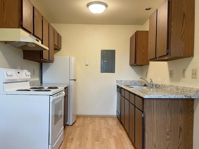 kitchen featuring sink, light hardwood / wood-style flooring, dishwasher, electric panel, and white electric stove