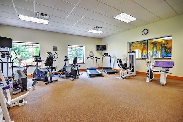 exercise room with carpet, a wealth of natural light, and a drop ceiling