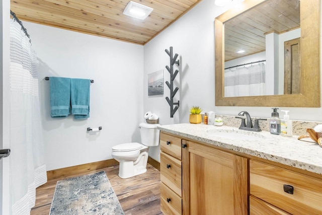 bathroom with vanity, wood-type flooring, and wood ceiling