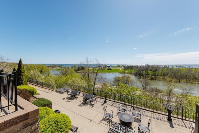 view of patio / terrace featuring a water view