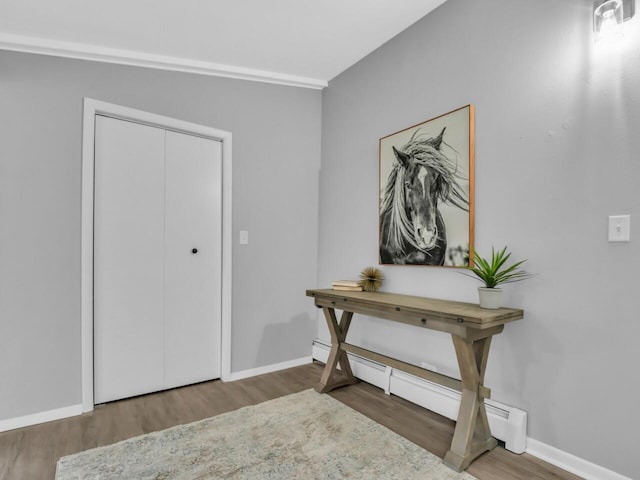 foyer featuring a baseboard radiator and dark hardwood / wood-style floors