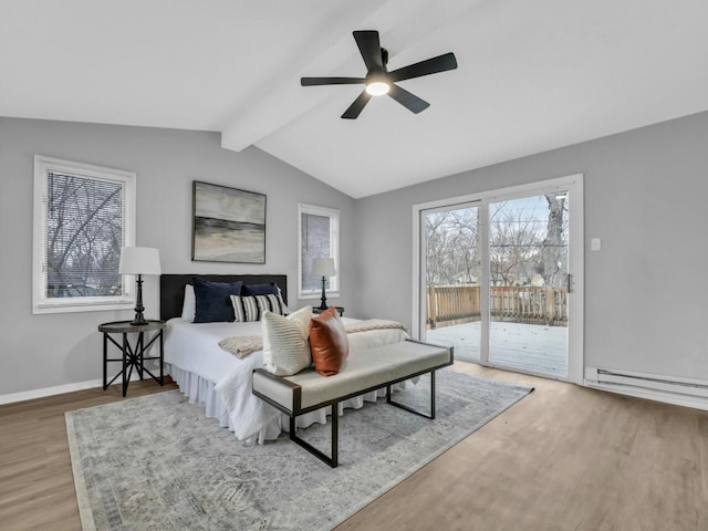 bedroom with lofted ceiling with beams, wood-type flooring, access to exterior, ceiling fan, and baseboard heating