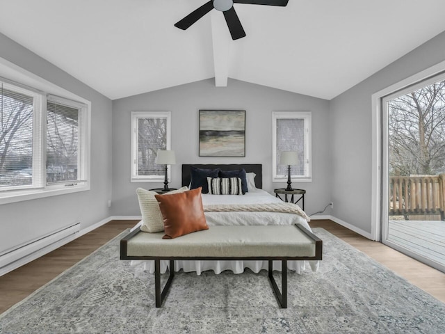 bedroom with a baseboard heating unit, access to outside, lofted ceiling with beams, and hardwood / wood-style floors