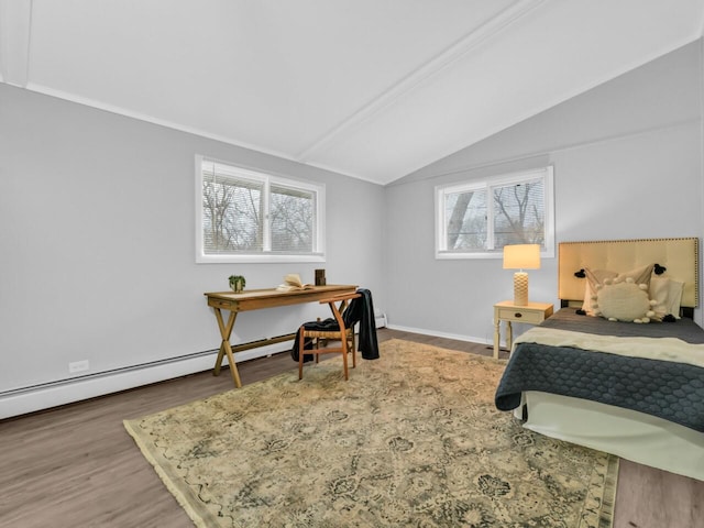 bedroom featuring lofted ceiling and dark hardwood / wood-style flooring