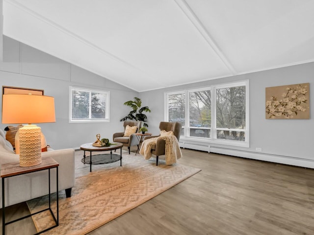 sitting room with hardwood / wood-style flooring, lofted ceiling, baseboard heating, and a wealth of natural light