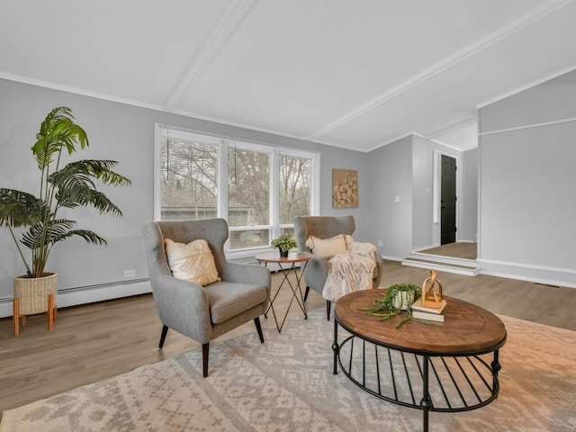 sitting room featuring hardwood / wood-style floors and crown molding