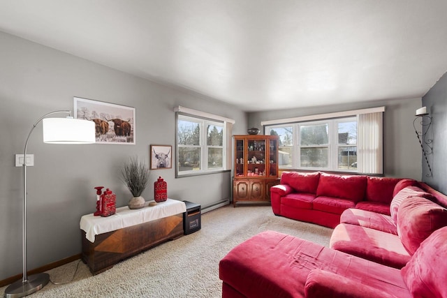 carpeted living room featuring baseboard heating