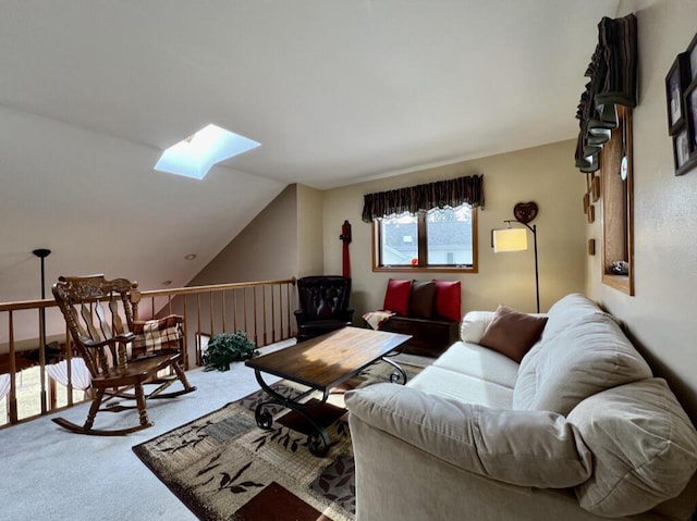 carpeted living room with lofted ceiling with skylight