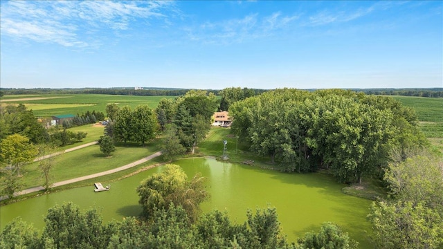 aerial view featuring a water view and a rural view