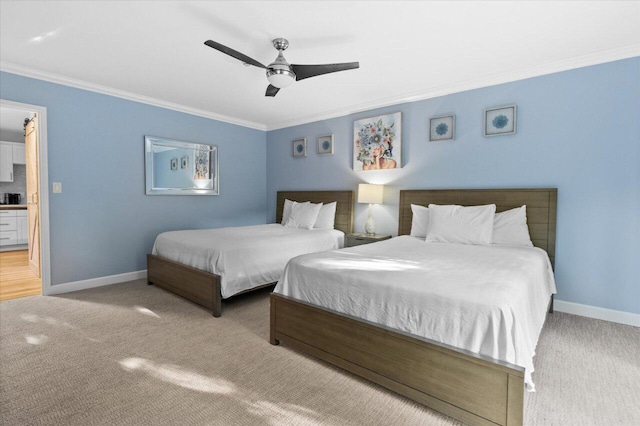 bedroom with light carpet, ornamental molding, and ceiling fan