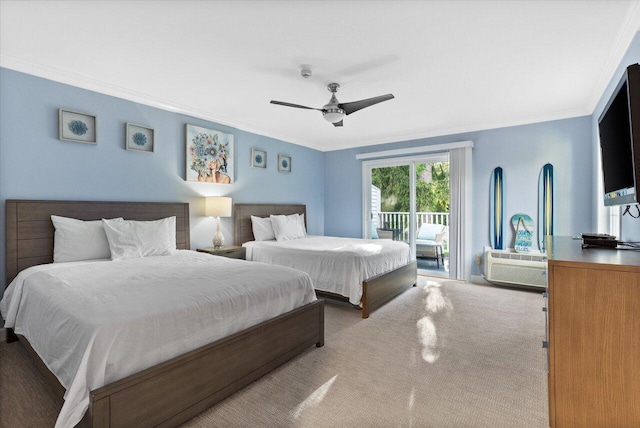 bedroom with a wall mounted air conditioner, light carpet, ornamental molding, ceiling fan, and access to exterior