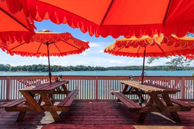 dock area with a deck with water view