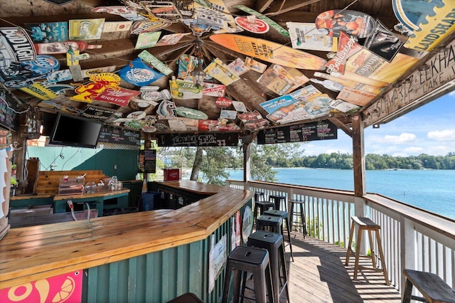 dock area with a bar and a water view