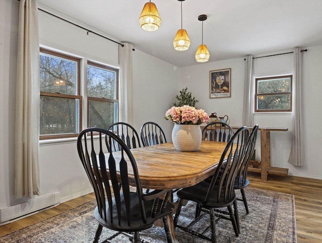 dining area featuring wood-type flooring, a healthy amount of sunlight, and baseboard heating